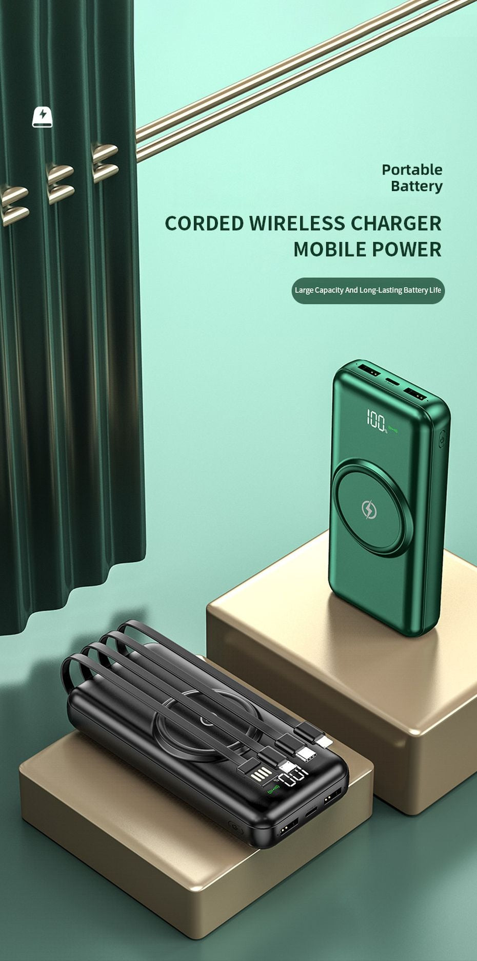 Power Bank Mag-safe 10,000mAh With Wireless Charging and Built in Cables