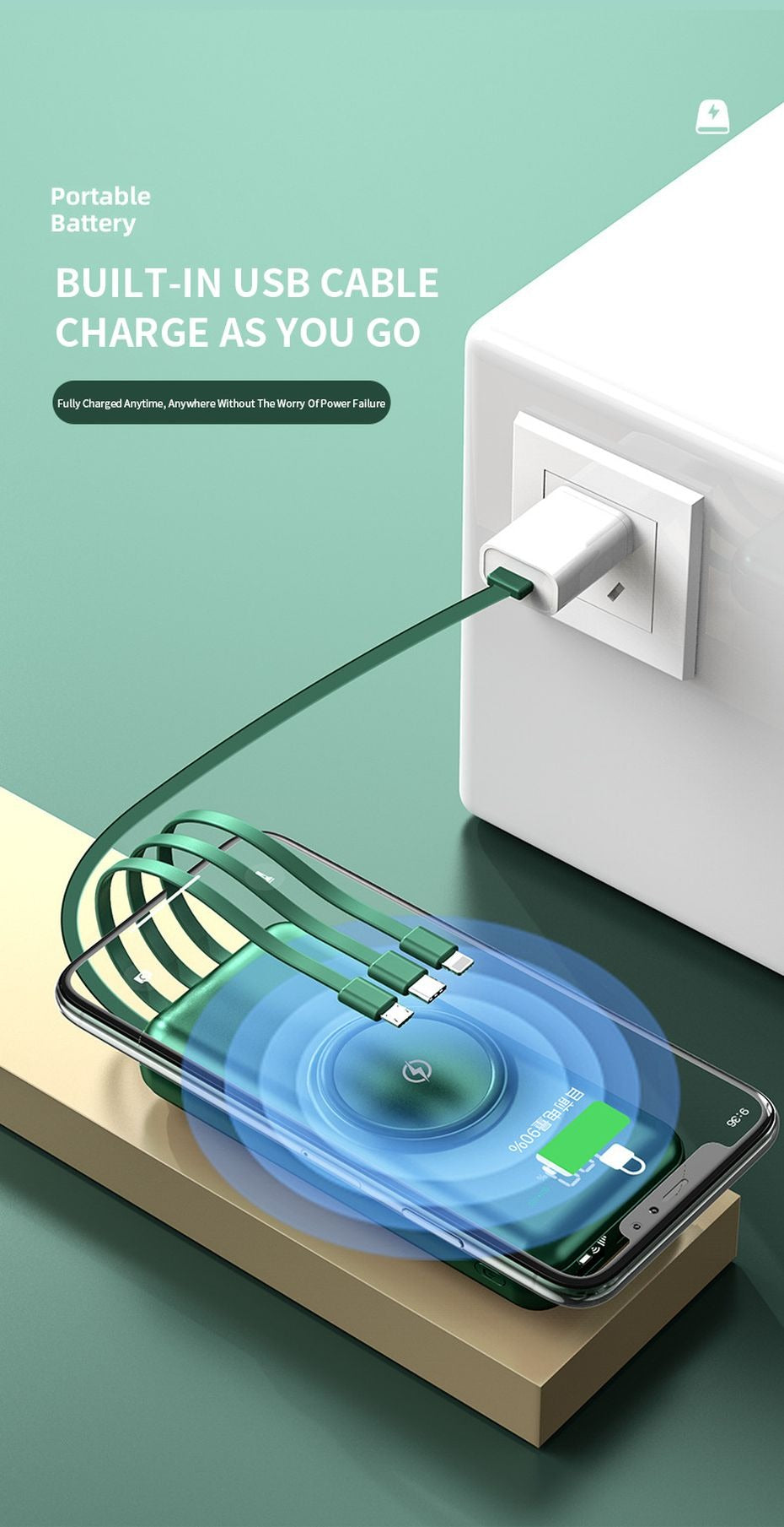 Power Bank Mag-safe 10,000mAh With Wireless Charging and Built in Cables