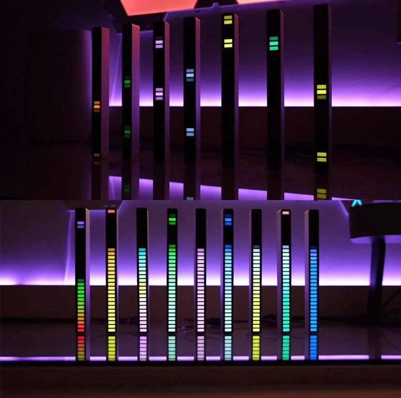 "Colorful LED light bar with sound activation" "App-controlled LED light with music sync" "RGB LED light with voice control" "Music reactive LED light bar with app control" "Ambient LED light with sound-responsive features"