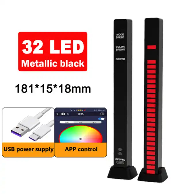 Colorful ambient LED light bar with sound control" "Music and sound responsive LED light with app control" "RGB LED light bar with music and voice control" black and white gaming setup light bar